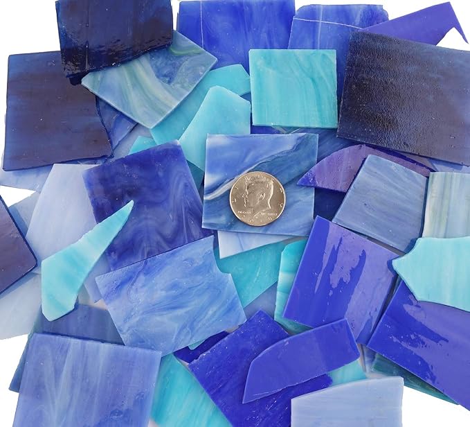 Lanyani Blue Mixed Stained Glass Scrap Pieces Sheets, Glass Mosaic Tiles - Image 2
