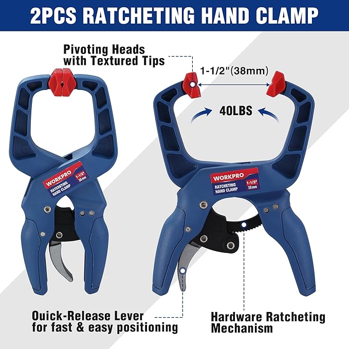 WORKPRO 10-Pack Clamps for Woodworking, 12" & 6" Bar Clamps, 2 Quick-Release Ratcheting Wood Clamps and 4 Spring Clamps, Light Duty F Clamps/Spreader 150 LBS Load Limit