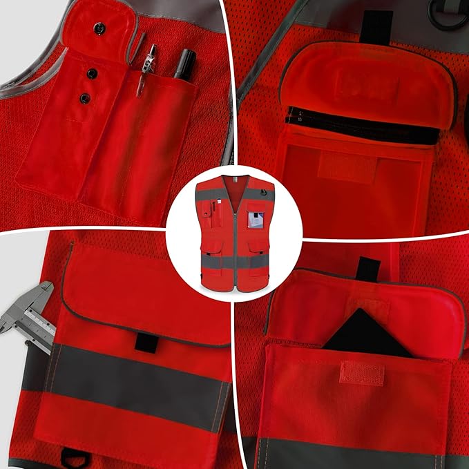 TCCFCCT Red Safety Vest for Men Women 9 Pockets Mesh High Visibility Reflective Vest for Safety, Work Vest with Reflective Strips, Meets ANSI/ISEA Standards, 5X-Large