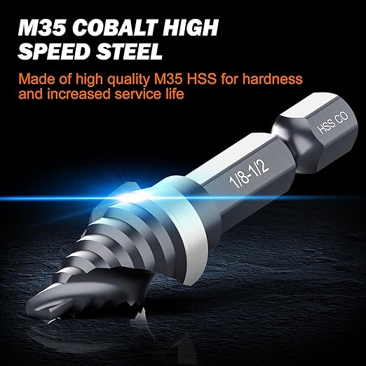 THINKWORK M35 Cobalt Spiral Flute Step Drill Bit, Single Size HSS Step Bit 1/2", Small Size EDC 1/4" Shank Step Bits for Metal, Carbon Steel, Stainless Steel, Wood, Plastic