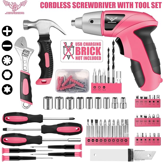 Pink Household Tool Set with 3.6V USB Electric Screwdriver, 151 PCS Home Tool Kit with Cordless Lithium-ion Drill Driver, Hand Tool Kits for Women