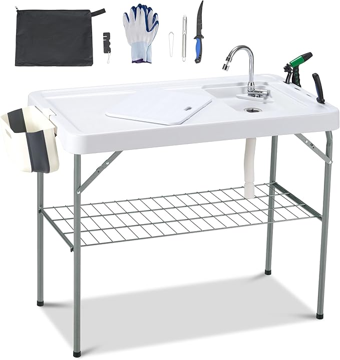 AHB 42" Outdoor Sink Fish Cleaning Table Portable Camping Table with Faucet Hose Hook Up Grid Rack, Fish Fillet Camping Sink Table with 7pc Fish Cleaning Kit for Picnic Beach Patio