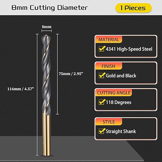 Drill Bit, 8mm Cutting Diameter, 4341 HSS Gold and Black 118° Cutting Angle Number Jobber Bits - (Applications: for Drilling Soft Metal Plastic Wood), 1-Pieces