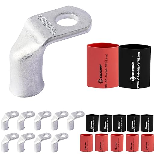 SELTERM 10pcs - 1/0 AWG 5/16" Stud 90° Bent Battery Lugs- Ring Terminal Connectors with 12pcs 3:1 Black & Red 3/4" Heat Shrink Tubing - Heavy Duty Battery Cable Ends - Tinned Copper Wire Connector Kit