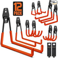 Garage Hooks, 12 Pack Wall Storage Hanger with 2 Extension Cord Straps, Heavy Duty Tool Holder for Utilities Organization, Wall Mount Rack for Garden Lawn Tools, Ladders, Bike, Ski (Orange)