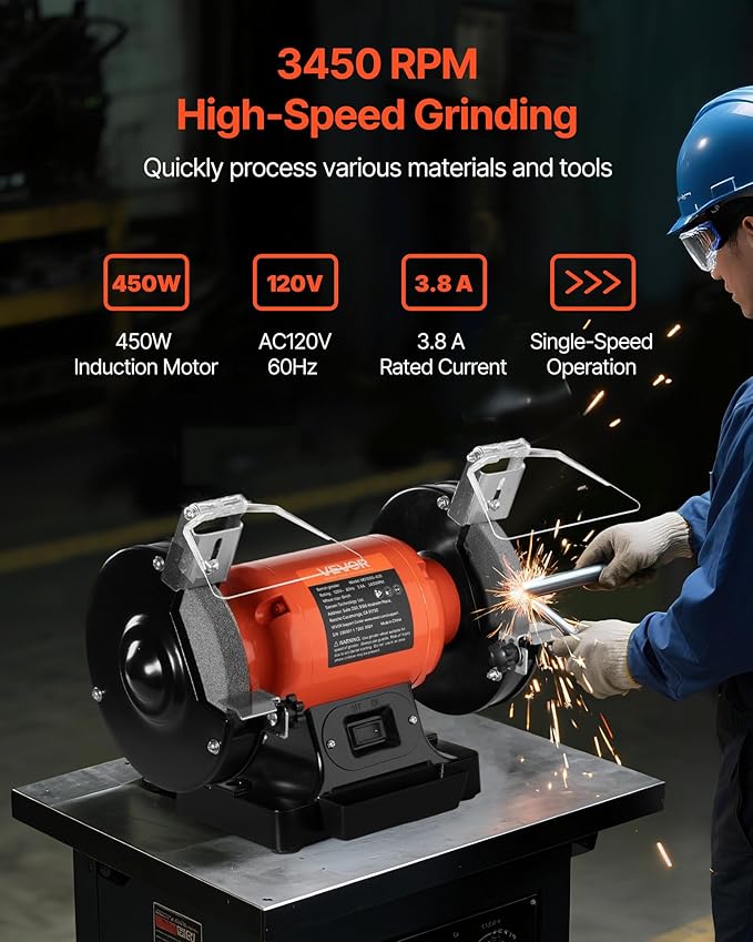 VEVOR Bench Grinder, 6-inch Single Speed Bench Grinder, 3450RPM High-Speed Table Grinders with 450W 3.8A Induction Motor, 36/60-Grit Grinding Wheel & Adjustable Eye Shield for Fast Sharpening Grinding