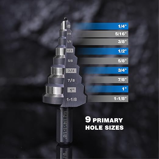 1/4 to 1-1/8 Inches M2 HSS Step Drill Bit, Unibit for Cutting Stainless Steel, Metal, Wood & Plastic