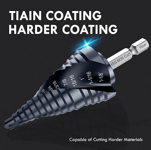 Spiral Flute Cobalt Step Drill Bit M35,Hex Shank Unibit for Metal, Stainless Steel (1/4"-1-1/8")