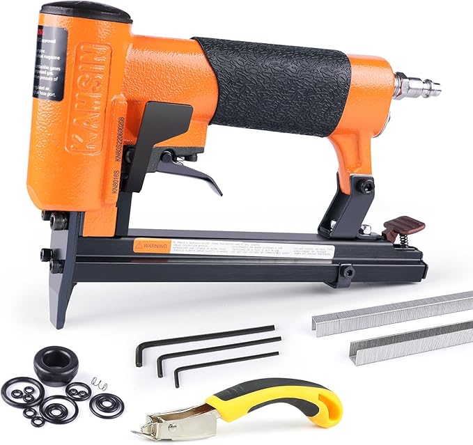 KN8016S 21 Gauge Pneumatic Upholstery Stapler for 80 Series Staples with 1/2" Crown Continuous Firing Mode Air Power Upholstery Staple Gun Fine Wire Stapler, DIY, Renovation, Furniture