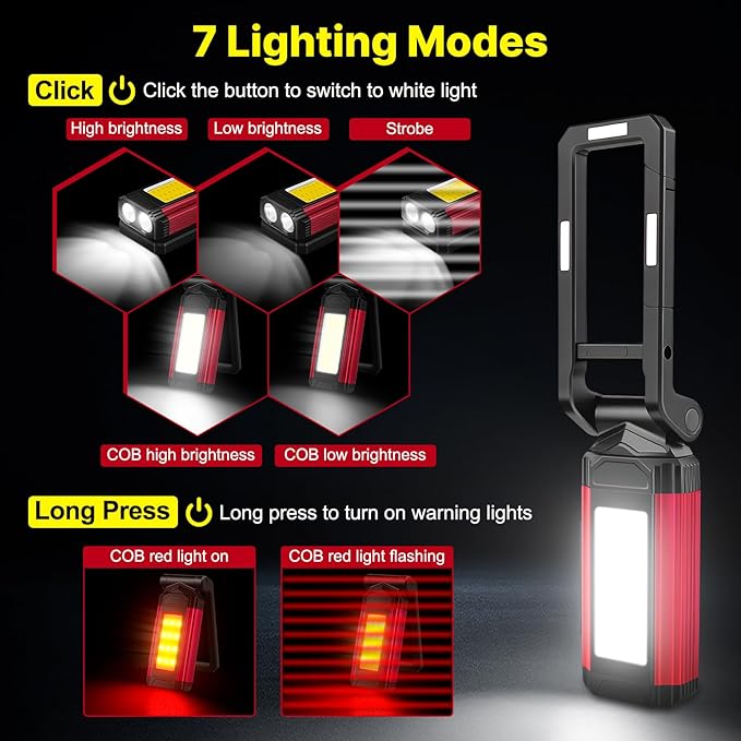 Rechargeable LED Work Light Magnetic Flashlight Portable 7 Flashlight Mode With Magnetizable Base Rotatable Stand 360° Infinitely Rotatable Type-C Charging for Camping,Car Reparing,Emergency Pack of 2