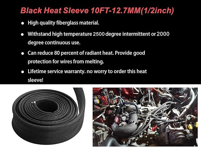 Fiberglass Hose Heat Shield Sleeve Spark Plug Wire Heat Protector Boots Auto Hose Roll 2500 Degree for Car&Auto Wire Loom Brake Line Cable (Black 1/2" IDX10')
