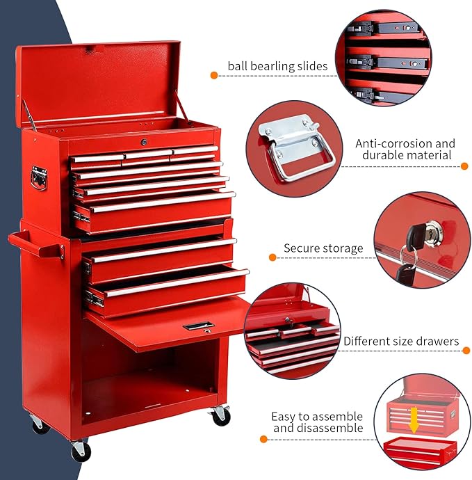 8-Drawer High Capacity Rolling Tool Chest, Big Storage Removable Tool Box Combo, Lockable Drawer Tool Cabinet for Workshop and Garage (Red)