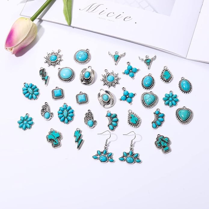 NVENF 32PCS Western Charms for Jewelry Making, Synthetic Turquoise Vintage - Image 3