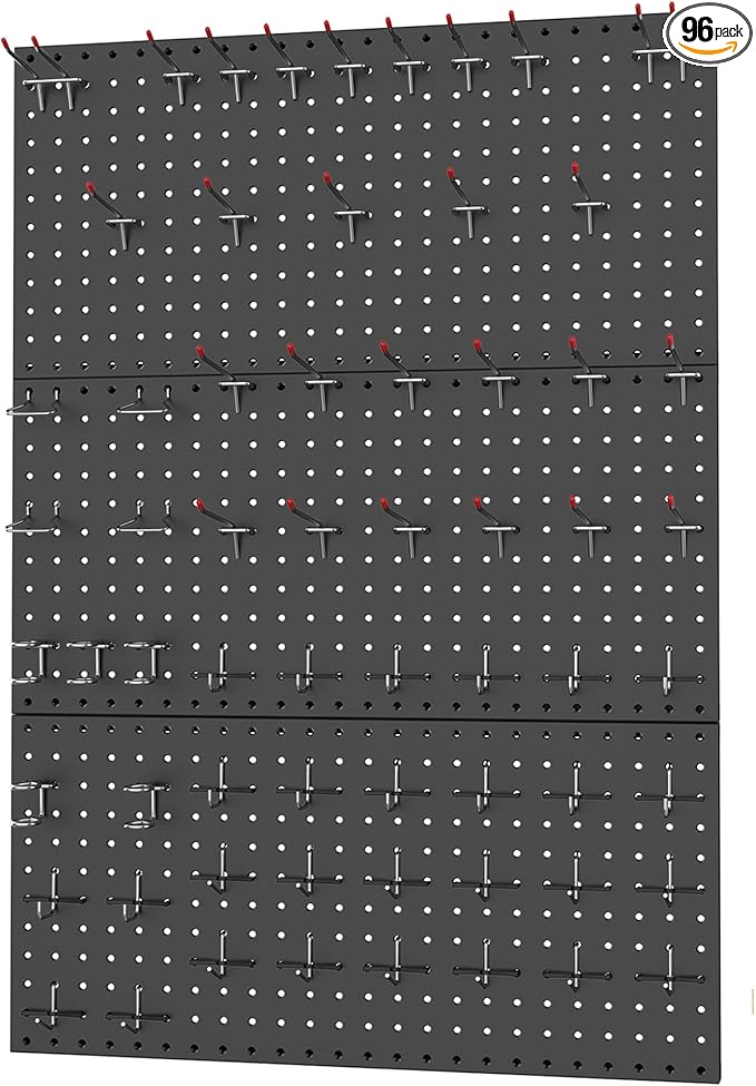 WALMANN 96PCS Metal Pegboard with Pegboard Hooks for Wall, Garage Tools Storage Pegboar for Garage, Workbench, Peg Boards, Tool Organizer Board with Hooks(Black)