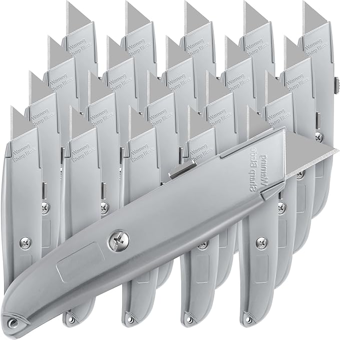 Reginary 20 Pcs Box Cutter Bulk Retractable Utility Knife Heavy Duty Aluminum Alloy Razor Knife for Cardboard Box Carton Opener for DIY, Factory, Home Office(Silver)