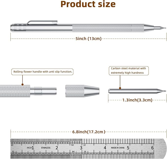 2-Pack Tungsten Carbide Scriber, Metal Scribe Tool with 25 Replacement Marking Tips & Steel Ruler - Knurled Aluminum Handle & Magnet, Engraving Pen for Glass/Ceramics/Metal Sheet (2)