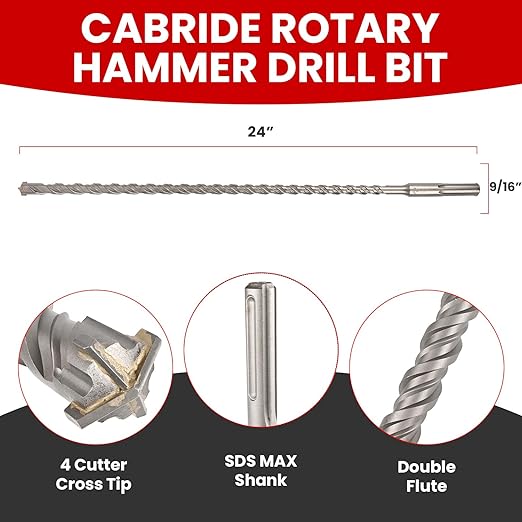 9/16 X 24 in SDS MAX Bits, Rotary Hammer Drill Bits, Carbide Drill Bits, Masonry Drill Bits for Concrete, Stone and Brick, SDS MAX Hammer Double Flute, Masonry Drill Bit, Concrete Drill Bit