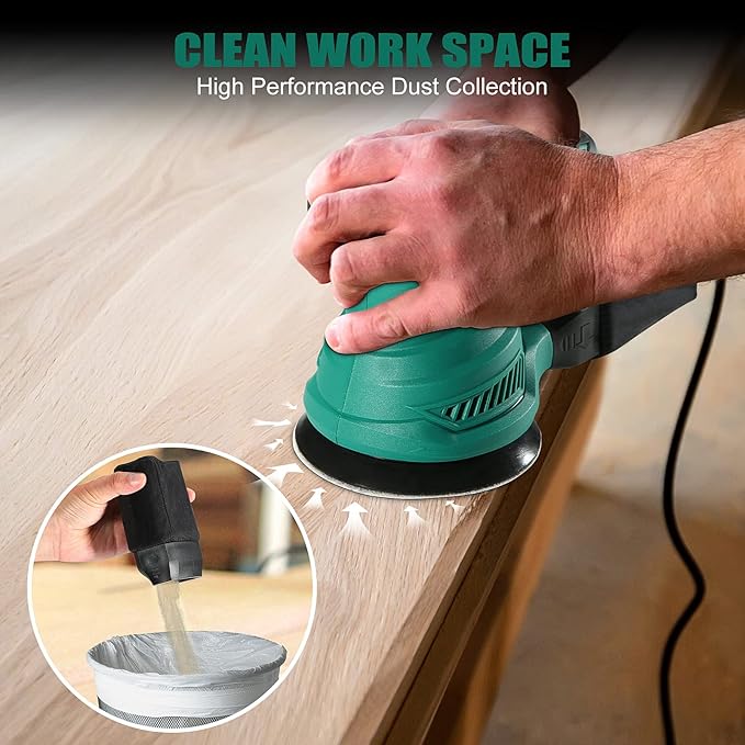 5-Inch Random Orbital Sander, HYCHIKA 13000RPM Electric Orbital Sander with 6 Various Speeds, Palm Sander with 12 Pcs Sandpapers, 1 Pcs Dust Bag, Fit for Woodworking/Sanding