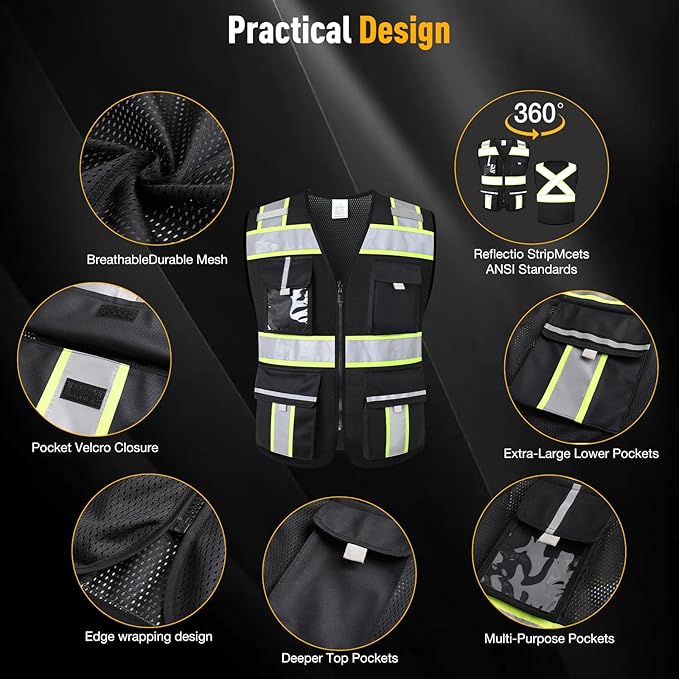 Class 2 Safety Vest with Zipper Front and multiple Pockets, High Visibility Vest, Meets ANSI/ISEA Standards