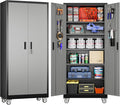 71" Metal Storage Cabinet with Wheels and Pegboard, Lockable Rolling Steel Storage Cabinet with 5 Adjustable Shelves and Door for Garage, Office, Kitchen, Assembly Required,Black and Grey