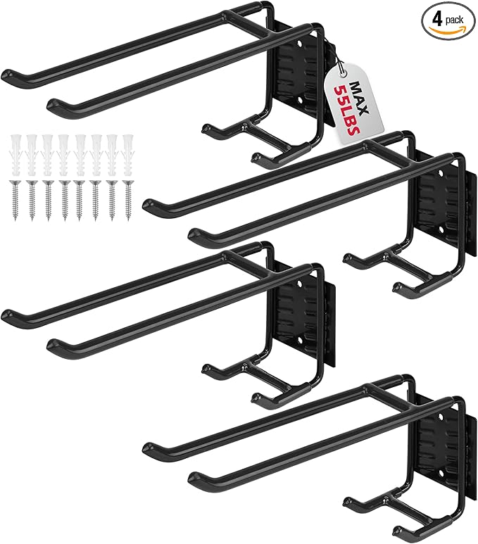 4-Piece 9.4" Heavy Duty Garage Hooks, Sturdy Utility Hooks Holds 55 LB Wall Mount Garden Tool Organizer Hangers for Hanging Shovel Ladder Chairs Strollers Power Tool Tire and More (Black)