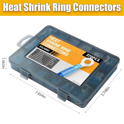 270PCS Marine Grade Heat Shrink Wire Connectors-Electrical Connectors Kit of Tinned Red Copper,Crimp Insulated Ring Fork Spade Butt Splice AWG16-14 Gauge (270pcs Blue, AWG 16-14)