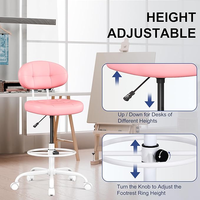 Misolant Drafting Chair, Armless Tall Office Chair with Footrest Ring for Standing Desk, Small Faux Leather Executive Computer Chair with Adjustable Height for Bar Lab Counter Height Desk, Pink