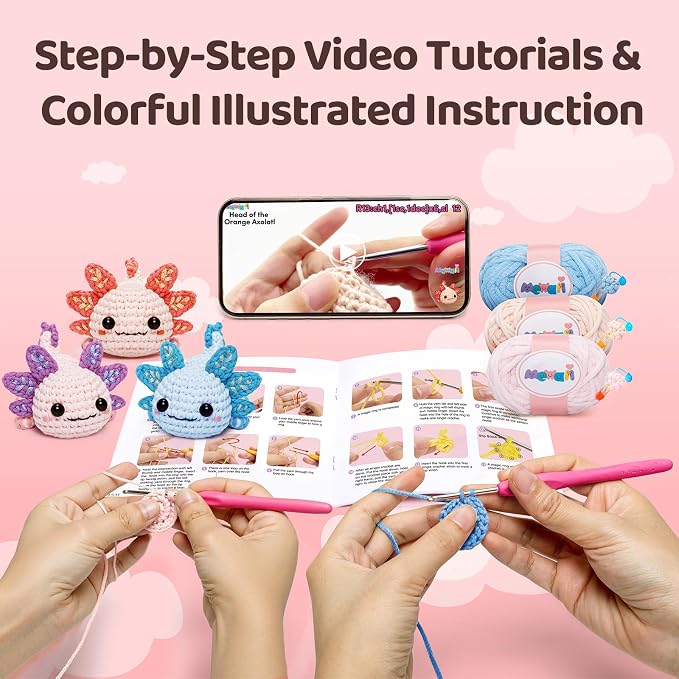Mewaii Crochet Kit for Beginners, 3 Pack Axolotl Craft Set | 40% Extra Yarn - Image 2