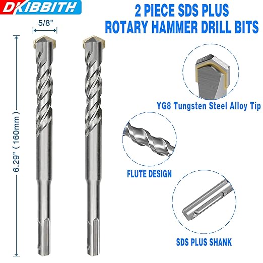 2-Piece 5/8" SDS Plus Drill Bits Rotary Hammer Drill Bit Set, Carbide Tipped for Drilling Concrete Cement Porcelain Tiles Ceramic Pots Stone Brick, Diameter 16mm, 160mm Long, SDS Plus Shank