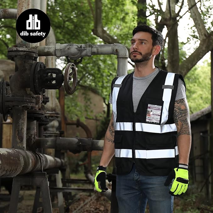 Dib Safety Reflective Vest High Visibility with Pockets and Zipper, Black M