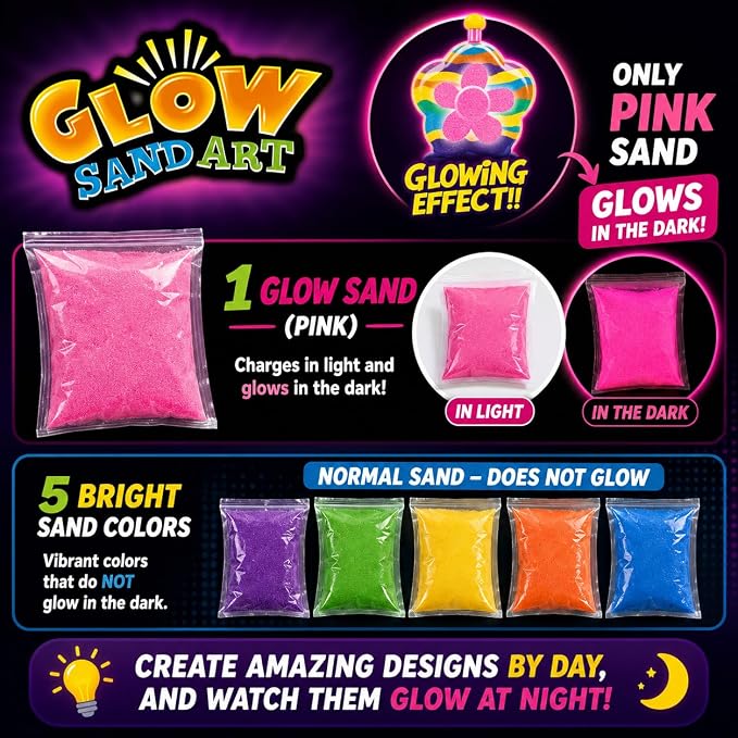 Glow Sand Art Kit, DIY Craft for Girls w/ 5 Necklace Bottles | Includes 1 Glow - Image 4