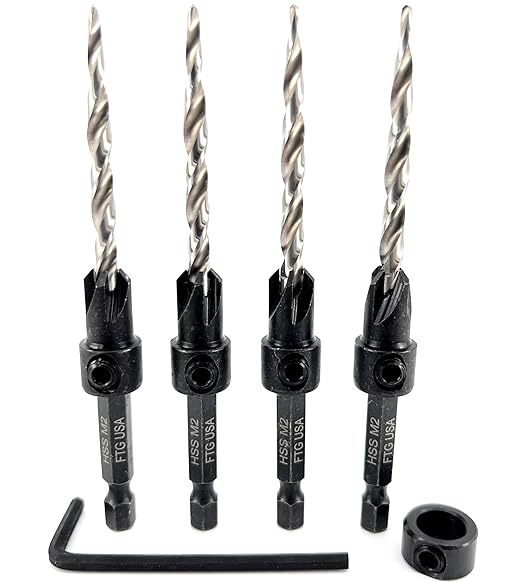 FTG USA Adjustable Wood Countersink Drill Bit Set 4 Pc #10 (3/16") with Tapered Drill Bit for Woodworking