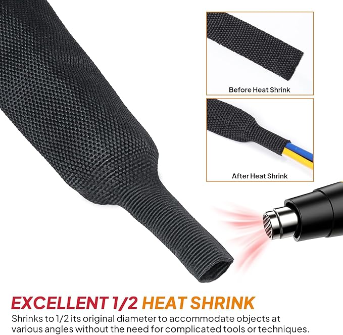 Black 2:1 Ratio Automotive Heat Shrink Braided Sleeving,Wear-Resistant Flat Woven Shrinkable Sleeve Fabric Car Cable Wires Hoses Protection (3/8"-50ft)