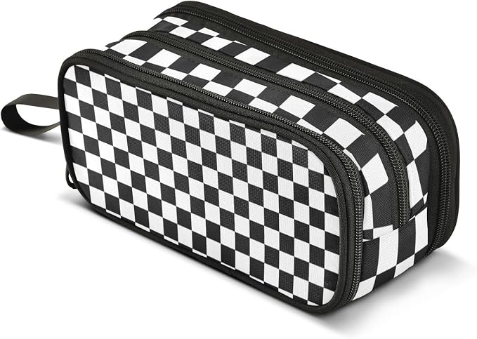 Black White Checkered Pencil Case Box Boys Girls Large Pencil Pouch Zipper by BOENLE-WELCOMEYOURCOMING