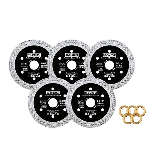 DT-DIATOOL Diamond Tile Blade 3-3/8" (85mm) Cutting Porcelain Tile Ceramic Marble Granite Circular Saw Blade with X Mesh Segment Arbor 10mm-15mm Pack of 5