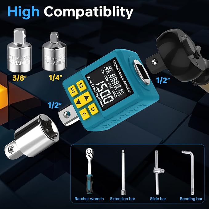 1/2" Digital Torque Adapter, (±1% Accuracy, 7.4-150Ft-lb) Digital Torque Wrench Adapter for Auto, with Upgrade Color Display, Versatile Meter - Smart Alert | Peak/Track | Preset | Store/Delete(203N.m)
