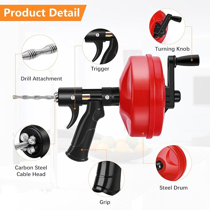35 FT Drain Snake 2.0 with Double Mode, 10-In-1 Drain Auger for Sink and Drain Unblocking, Plumbing Snake for Real DYIs (Frosted Red)