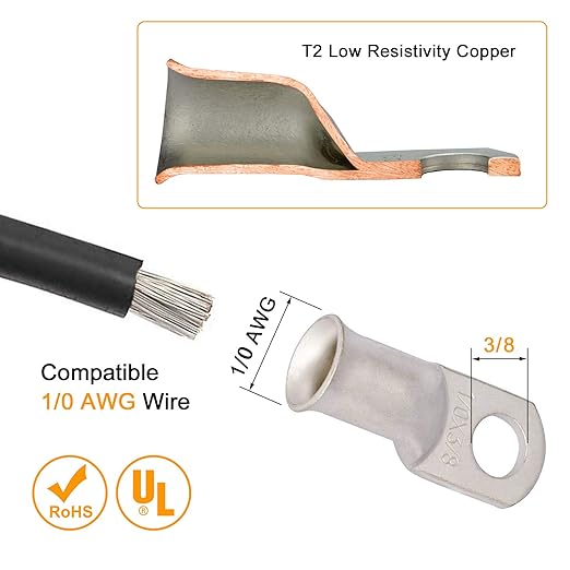 Tinned Copper 0 Gauge Battery Cable Ends 1/0 AWG 3/8" & 1/0 AWG 5/16" Ring Terminals Battery Lugs 0 AWG Bare Copper Lugs Kit 12 PCS 0 Gauge Wire Lugs +12PCS 3:1 Heat Shrinks + Hex Nuts + Flat Washers