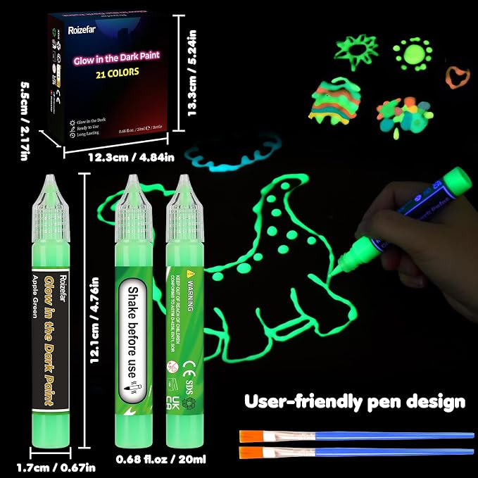 Roizefar Glow in the Dark Paint, 21 Colors 3D Permanent Acrylic Fabric Paints - Image 3