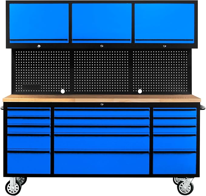 CT Copper Tailor 72-inch Rolling Tool Chest with Integrated Power Strip,15 Drawers and Wheels, Garage Workbench with Storage, 3 Upper Cabinets, Pegboard in Blue