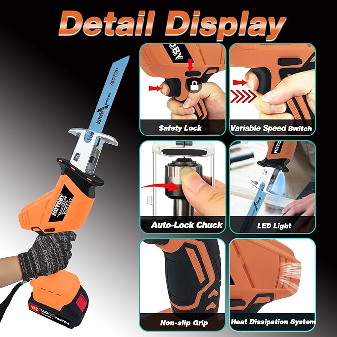 Reciprocating Saw, Cordless, Electric Reciprocating Saw with 2 Batteries, Includeds 8 Blades Kit, Tool-free Blade Change, Variable Speed, Multi-Purpose, For DIY Wood Metal PVC Cutting (Orange)