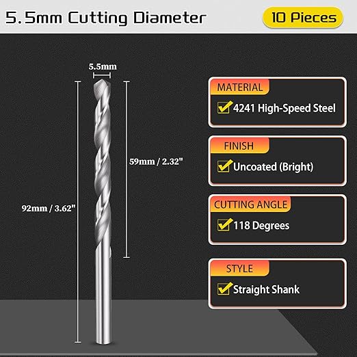 Drill Bit, 5.5mm Cutting Diameter, 4241 HSS 118° Cutting Angle Uncoated Bright Versatile Jobber Bits - (Applications: for Drilling Plastic Wood Soft Metal), 10-Pieces