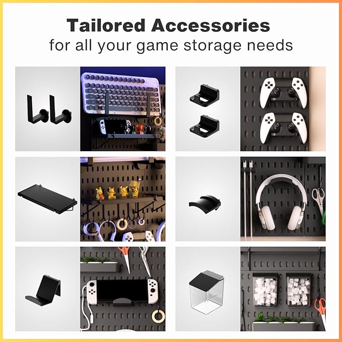 Keepo Pegboard Combination Kit, Pegboards and Accessories Modular Hanging for Gaming Setup, Gaming Station Peg Board, Gaming Organizer, Wall Game Controller Holder, Headset Stand (Black, 33″×22″)