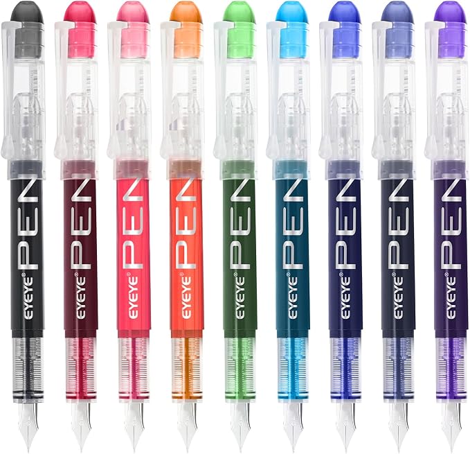 EYEYE Fountain Pens for Writing, 9 Pack Assorted Colors Disposable Fountain by eyeye
