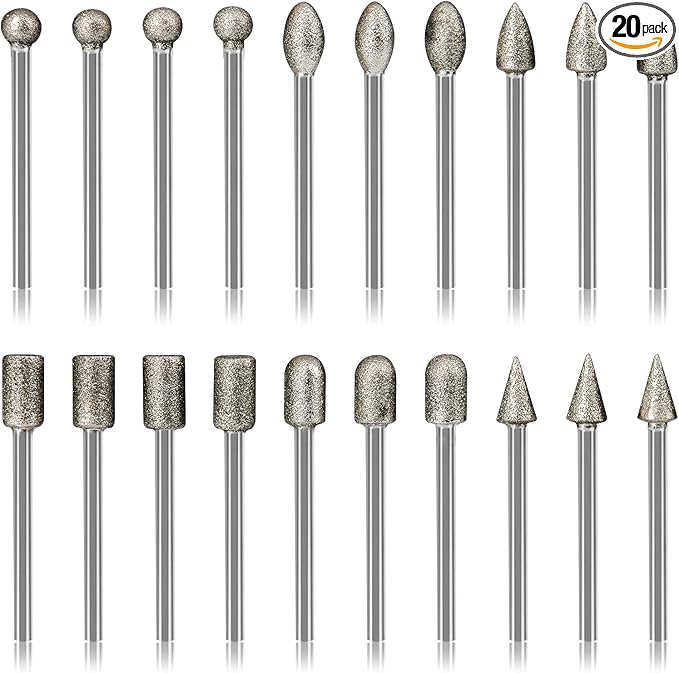 Stone Carving Set Diamond Burr Bits Compatible with Dremel, 20PCS Polishing Kits Rotary Tools Accessories with 1/8’ Shank for Carving, Engraving, Grinding, Stone, Rocks, Jewelry, Glass, Ceramics