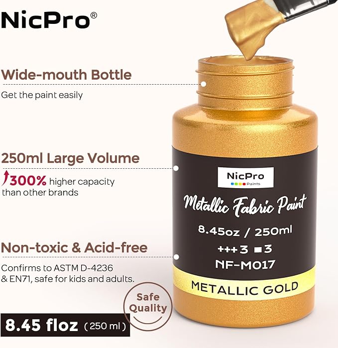Nicpro Metallic Gold Fabric Paint, 8.45 Fl Oz Permanent Soft Fabric Paint - Image 4