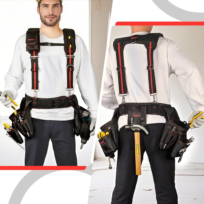 Heavy Duty Tool Belt with Padded Suspenders – Adjustable Construction Tool Rig with Multi-Pouch System – Framing & Electrician Waist Belt for Men（Adjustable one sizeZ)