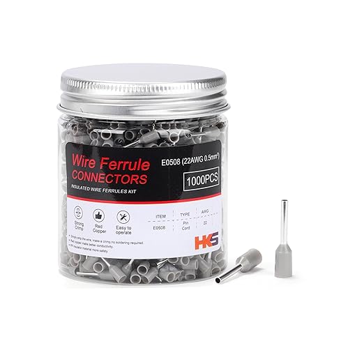 HKS 1000PCS Wire Ferrule Connectors - AWG 22-0.5mm² Copper Barrel Pin Cord Ends Insulated Ferrules Terminals - E0508 Grey