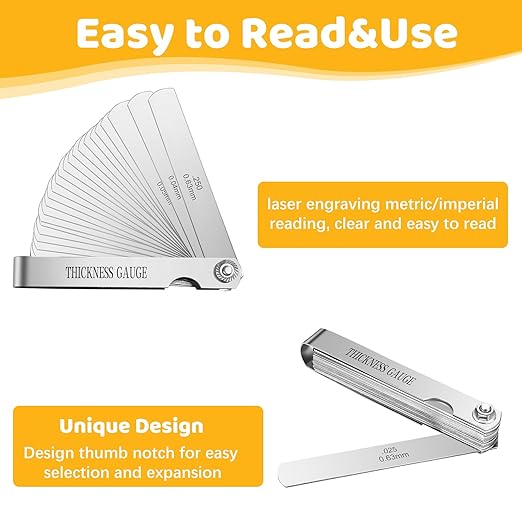26 Blades Stainless Steel Feeler Gauge, Metric and Imperial Gap Measuring Tool Width and Thickness Feeler Gage Gauge for Spark Plug, Valve Adjustment Tool, 0.04-0.63mm