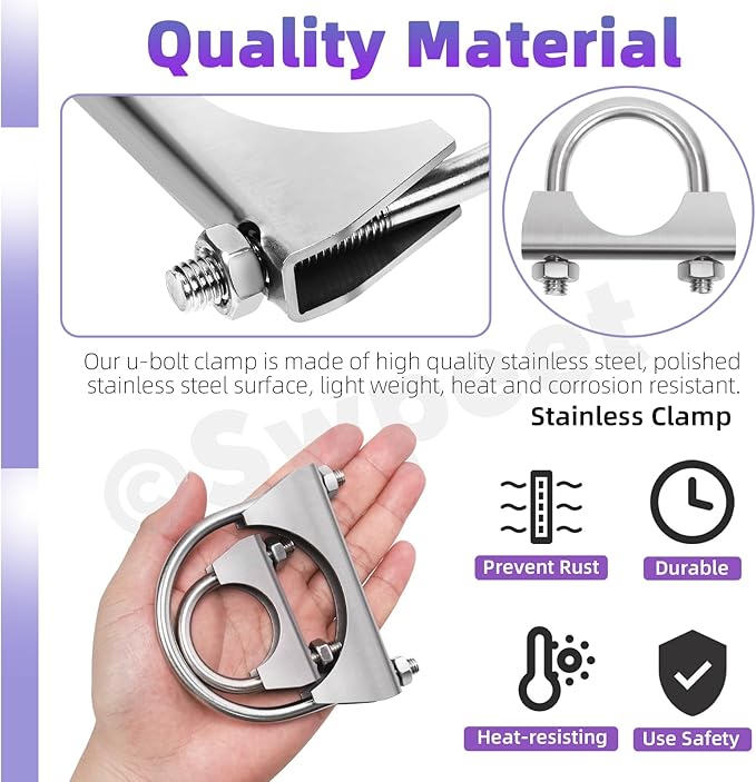Swpeet 2Pcs 1.5 Inches Exhaust U Clamp Kit, 1-1/2 Inches Stainless Steel Muffler U-Bolt Clamps, Universal Heavy Duty U-Bolt Muffler Clamp Ideal for Tip Pipes Connection